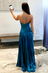 Peacock Blue Sweetheart Long Metallic A-Line Prom Dress With Leg Slit